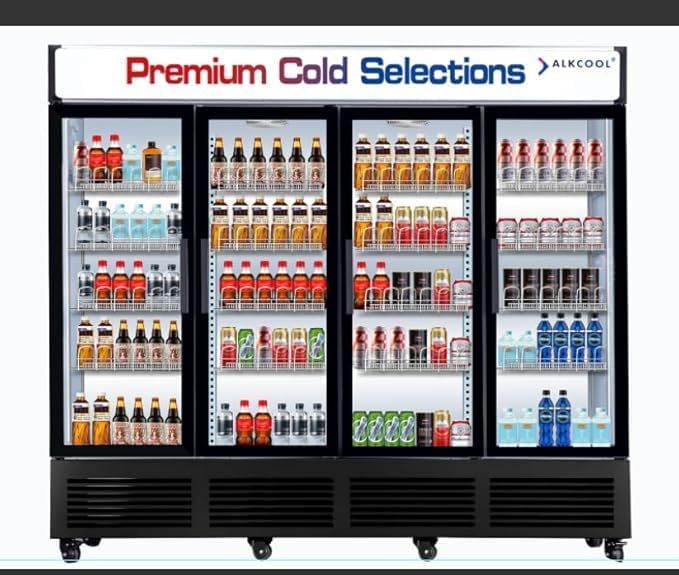 Commercial Refrigerator Display Fridge,85 Cu Ft Four Glass Door Upright Merchandiser Drink Cooler with LED Light Adjustable Shelves,ETL Sanitation,80" Wide,Wheels Not Includede