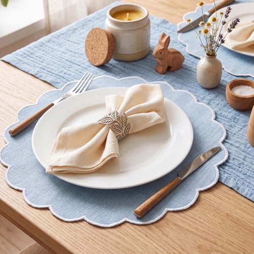 Set of 12 Gray Blue Cotton Placemats 15" Round Scalloped White