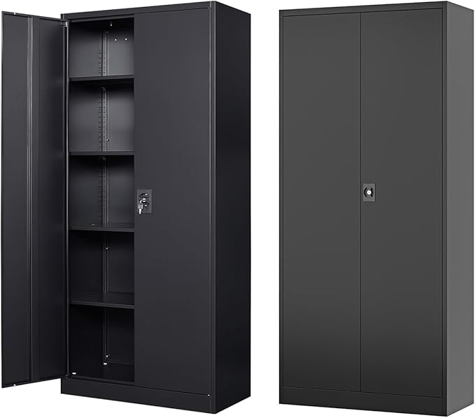 Metal Storage Cabinet-72” Black Tall Steel File Cabinets with Lockable Doors and Adjustable Shelves-Black Steel Storage Cabinet for Kitchen, Office, Garage