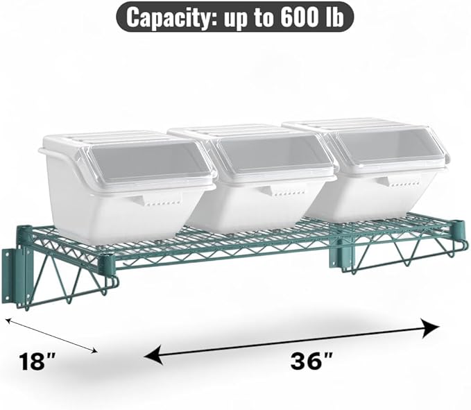 18" x 36" Green Wall-Mounted Wire Shelf Kit with Clip-in Ingredient Storage Bins, Heavy-Duty Steel Rack, Supports up to 600 lb, Flip-Top Lids, Open-Wire Design for Kitchen/Prep/Storage