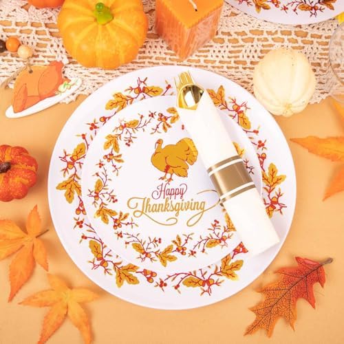 Ciaell 175PCS Thanksgiving Plastic Plate - Disposable Dinnerware Set - Gold Disposable Plastic Plates include 50Plates, 75Silverware, 25Cups, 25Napkins for Thanksgiving & Party