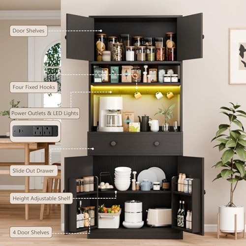 71" Tall Kitchen Pantry Cabinet with Microwave Countertop, LED Lights Black