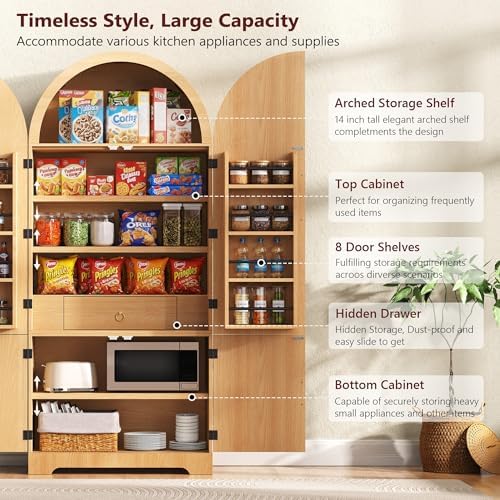 Ball & Cast 72" Arched Pantry Cabinet with Hidden Drawer, Natural