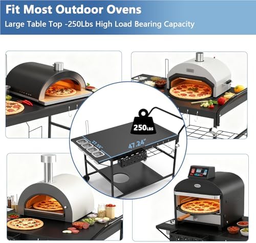 47" Outdoor Pizza Oven Table with Wheels, Grill Cart Table for Outside with Propane Tank Holder, Heavy Duty Pizza Oven Stand Prep Table for BBQ Patio Backyard Cooking
