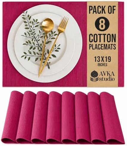 100% Cotton Ribbed Placemats - Set of 8-13 x 19 Inches - Fuchsia/Bright Pink - Everyday Basic Fabric Table Mats - Thick Construction, Washable & Reusable Cloth Place Mats - by AVKA Studio