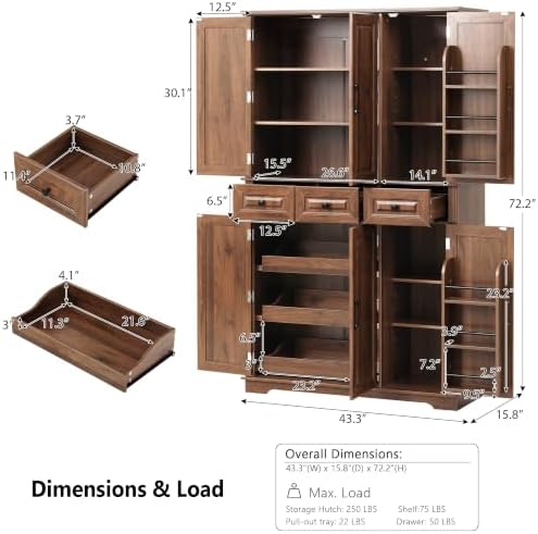Ball & Cast 72" Kitchen Pantry Cabinet with Pull-Out Trays, Walnut