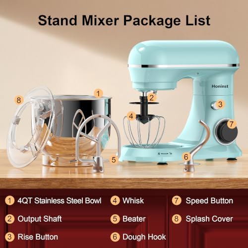 Honinst 4QT Electric Stand Mixer, 10-Speed Tilt-Head Compact Kitchen Mixer