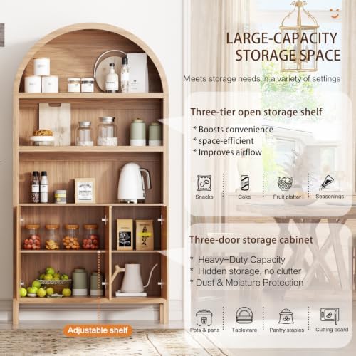 Ieejdn 71.34" Tall Arched Kitchen Pantry,Modern Fluted Wood Storage Cabinet with Doors,Adjustable Shelves,Organizer, Versatile Cupboard for Kitchen,Living Room,Dining Room,Bathroom,Natural