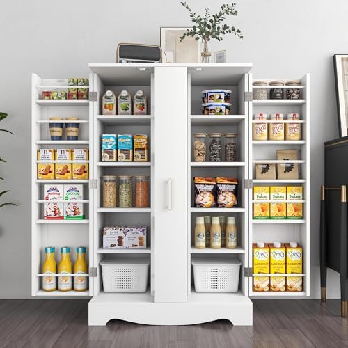 kepptory 47" Kitchen Pantry Cabinet with Adjustable Shelves and Drawer, Buffet Cupboards Storage Cabinet for Home Office Use (White, 16" D x 30" W x 47" H)