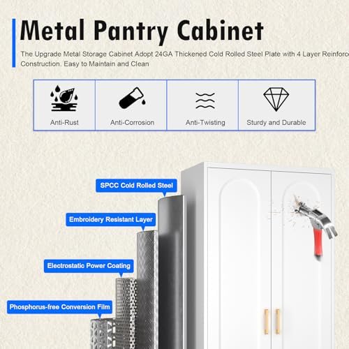 Polup 71" White Metal Kitchen Pantry Storage Cabinet with Doors and Shelves