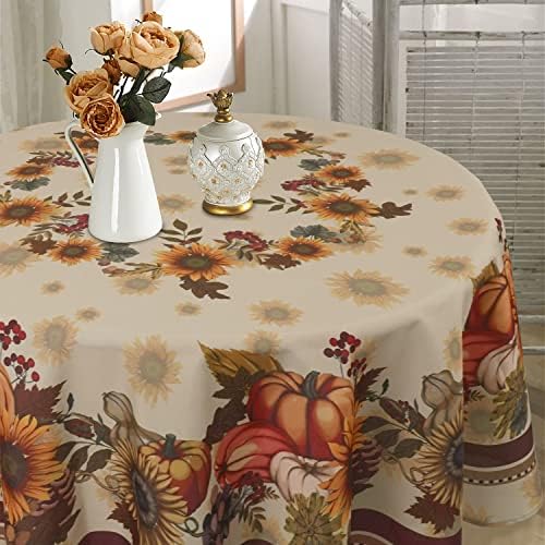 Fall Thanksgiving Double Border Decoration Tablecloth, Sunflower & Pumpkin Harvest Tablecloths,Waterproof Table Cover for Dinner Kitchen Party Holiday Decorations, Round 70"