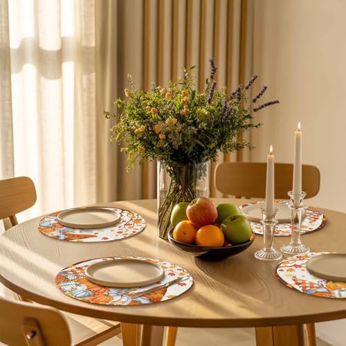 Fall Round Placemats Set of 4 Thanksgiving Autumn Maple Leaves Gnome Place Mats Washable Woven Placemat Hello Fall Harvest Pumpkin Circle Braided Table Mat for Kitchen Holiday Party Decor 15 Inch