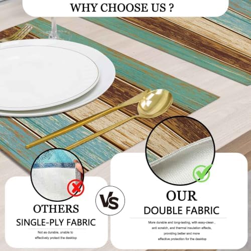 Mcalk Farmhouse Table Runner and Placemats Set of 6, Teal and Brown Wooden Texture Rectangle Cloth Place Mats Indoor, Washable Linen Material for Living Table