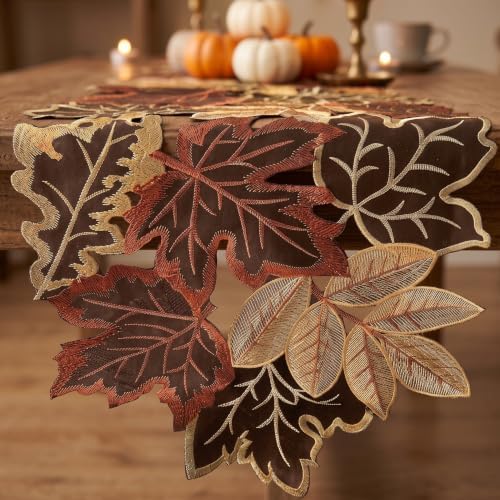 Embroidered Fall Table Runner 13.7 × 86.6 in, Thanksgiving Table Decor