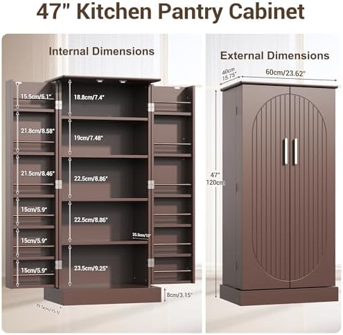 kepptory 47" Kitchen Pantry Cabinet with Doors and Adjustable Shelves, Freestanding Pantry Storage Cabinet, Farmhouse Buffet Cupboard for Kitchen, Dining Room, Living Room, Brown