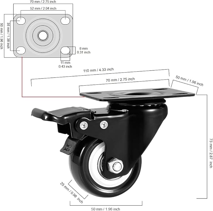 Caster Wheels, 2 inch Casters, Casters Set of 4 Heavy Duty - CLOATFET Locking Casters, Swivel Casters with Brake (Top Plate), Non Marking Black Castor Wheels for Cart Furniture Workbench