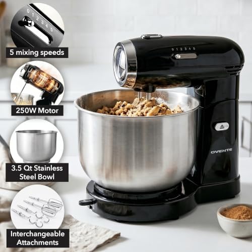OVENTE Electric Stand Mixer, 3.5 QT, 5 Mixing Speeds, 250W, Black SM680B
