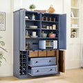 Merax Farmhouse 71" Large Kitchen Pantry Cabinet with Power Outlet, 53.2" Wide Storage Cupboard with 4 Foldable Doors, Adjustable Shelves, Wine Racks & Serving Trays, for Dining Room, Blue-Gray