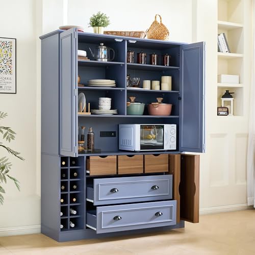 Merax Farmhouse 71" Large Kitchen Pantry Cabinet with Power Outlet, 53.2" Wide Storage Cupboard with 4 Foldable Doors, Adjustable Shelves, Wine Racks & Serving Trays, for Dining Room, Blue-Gray