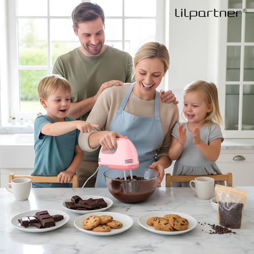 LILPARTNER Electric Hand Mixer with Storage Box, Ultra Power Kitchen Hand Mixer With 7-Speed & 5 Stainless Steel Accessories for Whipping Dough, Cream, Cake, Dishwasher Safe, LIGHT PINK BOX
