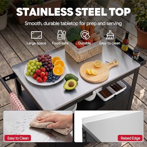Feasto Outdoor Grill Cart w/Storage Cabinet, Stainless Steel Top, Black