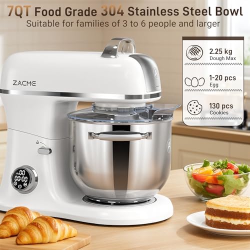 ZACME 7 Quart Stand Mixer Aluminum Die Casting, 650W 12 Speed Tilt-Head Kitchen Electric Stand Mixer, Household Food Mixer with Stainless Steel Bowl, Dough Hook, Whisk and Beater-Porcelain