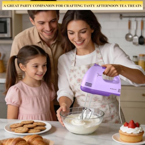 BAIGELONG Hand Mixer. 7-Speed Adjustable Kitchen Electric Mixer. With 5 Stainless Steel Attachments: 2 Hooks, 2 Beaters, 1 Whisk. Comes 1 Storage Box. Perfect for Bakers and New Starters. Purple