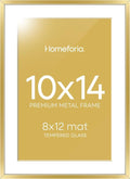 Homeforia 10x14 Picture Frame Gold, High End Metal 10x14 Poster Frames with Mat for 8x12, 10 x 14 Gold Frame Matted to 8 x 12 inch Photo, 10by14 Thin Hanging Frames, Tempered Glass, Wall Kit, Set of 1