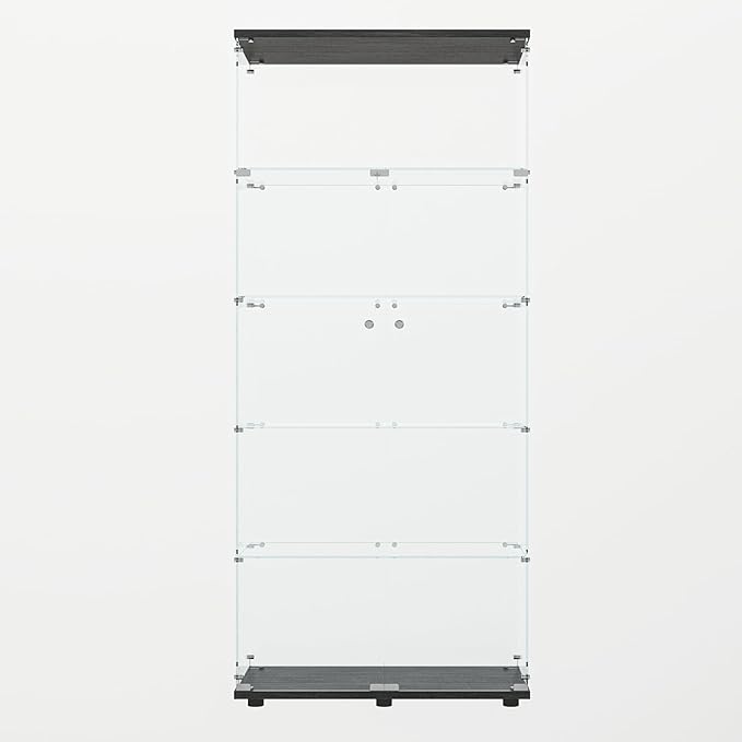 Glass Display Cabinet with LED, 5 Shelves with 2 Doors, Curio Storage Cabinets with Lock for Living Room, Office, Floor Standing Glass Bookshelf, Quick Installation - Black