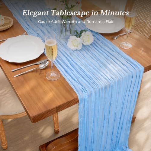 Goodluck 10 Pack 10Ft Baby Blue Cheesecloth Table Runner 35x120 Inch Boho Gauze Table Runner Cheese Cloth Extra Long Romantic Table Runners for Wedding Bridal Shower Birthday Party Table Decor