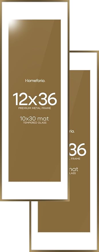 Homeforia 12x36 Picture Frame Bronze, High End Metal 12by36 Brass Poster Frames with Mat 10x30 Photo, 12 x 36 Panoramic Frames Matted to 10 by 30 Art, 36by12 Frames, Tempered Glass, Wall Kit, Set of 2