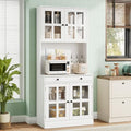 Garvee 72 Inch Kitchen Pantry Cabinet with Glass Doors, Drawer and Adjustable Shelves, Farmhouse Tall Storage Cabinet with Open Countertop, Coffee Bar Cabinet for Coffee Corner, White