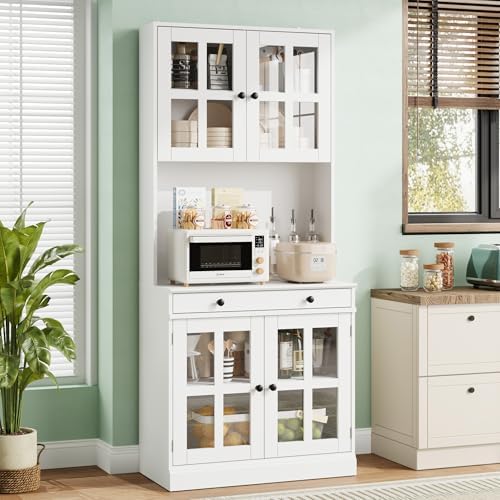 Garvee 72 Inch Kitchen Pantry Cabinet with Glass Doors, Drawer and Adjustable Shelves, Farmhouse Tall Storage Cabinet with Open Countertop, Coffee Bar Cabinet for Coffee Corner, White