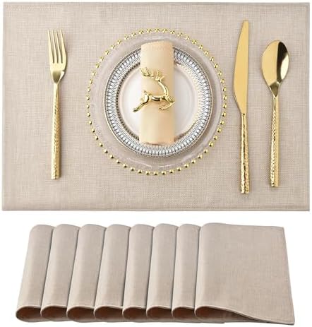 SLKQG Faux Linen Placemats Set of 8, Heat Resistant Washable Double Layer Cloth Place Mats for Dining Table, Wrinkle Resistant Linen Textured Farmhouse Kitchen Decor (8, Light Linen)