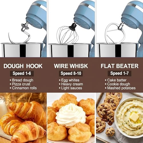 Stand Mixer, 6.5 Quart, 660W, Tilt-Head Food Mixer with 10+ Speeds, Stainless Steel, Multifunctional, for Bread Dough and Cake (Blue)