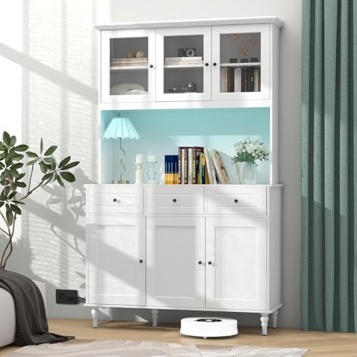 GIANTEX 77” Large Pantry Cabinet, Kitchen Buffet Hutch w/LED Lights 20 Colors, Outlet, 3 Drawers, Microwave Countertop, Freestanding Cupboard with 4 Adjustable Shelves & Tempered Glass Doors (White)