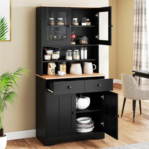 Tall Kitchen Pantry Cabinet, Freestanding Hutch Cabinet with 2 Adjustable Shelves, 2 Glass Doors & 3 Pull-Out Drawers, Wooden Buffet Hutch with Wine Rack, Countertop for Dining Room (Black)