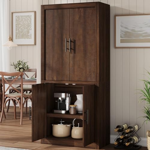 71" Tall Kitchen Pantry Cabinet, Farmhouse Kitchen Pantry Storage Cabinet with 4 Doors & Adjustable Shelves, Freestanding Wood Large Food Cupboard for Dining, Living Room, Rustic Brown