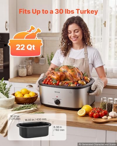 VEVOR Electric Roaster Oven, 22 Qt 1450W, Turkey Roasting Pan, Metal Lid
