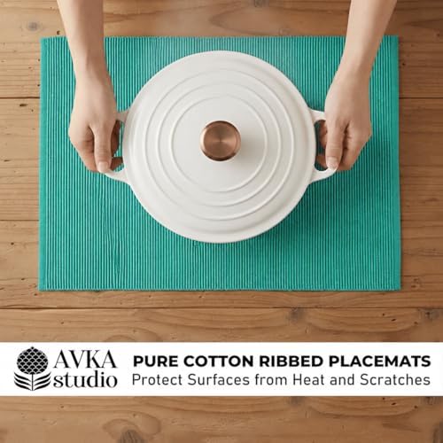 100% Cotton Ribbed Placemats - Set of 6-13 x 19 Inches - Turquoise Blue - Everyday Cloth Table Mats - Thick Construction, Washable Reusable Cloth Place Mats - by AVKA Studio