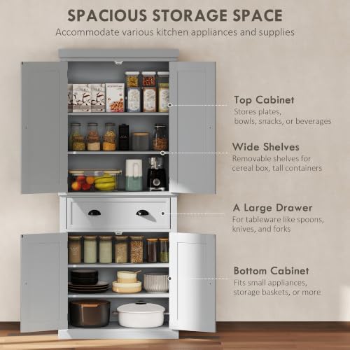 HOMCOM 72.5" Kitchen Pantry Cabinet Freestanding 4 Doors Gray