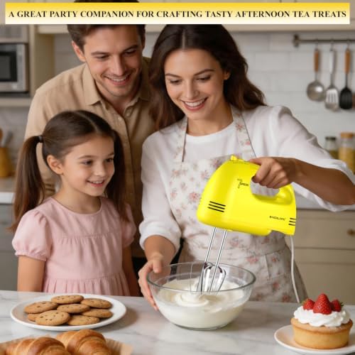 BAIGELONG Hand Mixer. 7-Speed Adjustable Kitchen Electric Mixer. With 5 Stainless Steel Attachments: 2 Hooks, 2 Beaters, 1 Whisk. Comes 1 Storage Box. Perfect for Bakers and New Starters, Yellow