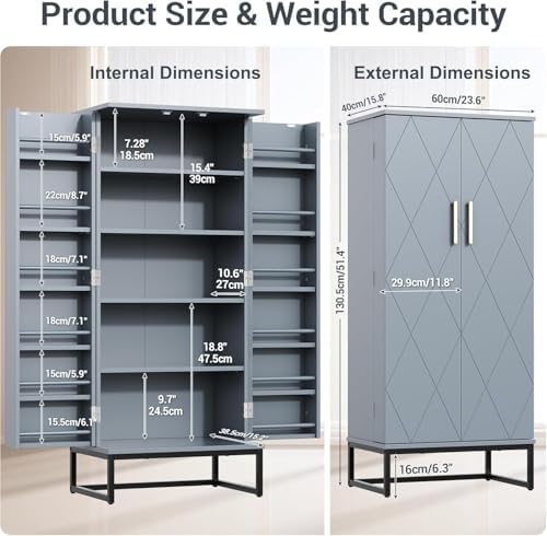 kepptory 51" Pantry Cabinet with Diamond-Patterned Doors and Golden Handles, Freestanding Kitchen Storage Cabinet with 17 Shelves, Tall Metal Base, Adjustable Feet, Grey