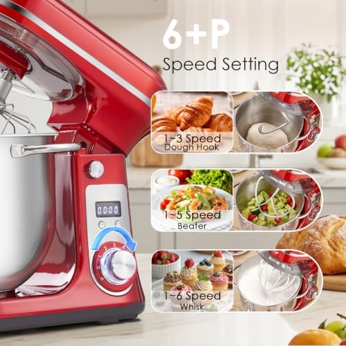 Electric Stand Mixer, 6.34QT 6-Speed Food Mixer with Timer