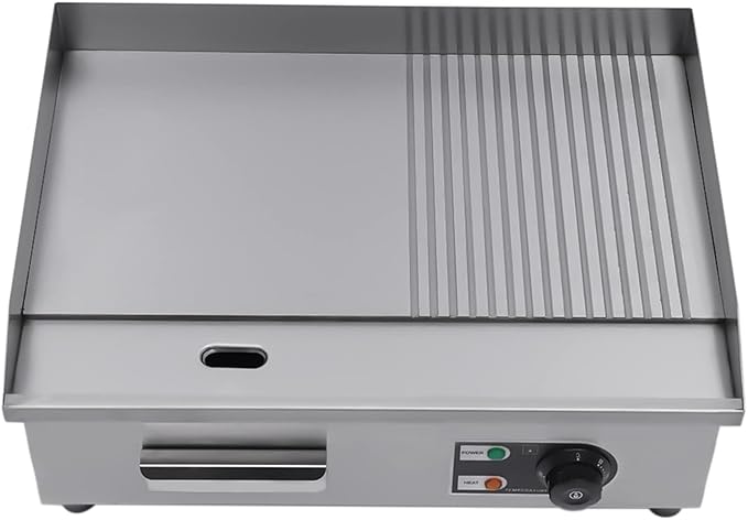 Commercial Countertop Grill 110V 1600W Electric Flat Top Griddle Grill 21.7"x13.8" Flat & Fluted Stainless Steel Flat Top Teppanyaki Griddle Nonstick BBQ Grill Temperature Range 122-572°F