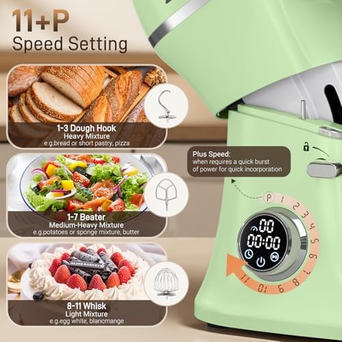ZACME 7 Quart Stand Mixer Aluminum Die Casting, 650W 12 Speed Tilt-Head Kitchen Electric Stand Mixer, Household Food Mixer with Stainless Steel Bowl, Dough Hook, Whisk and Beater-Pistachio