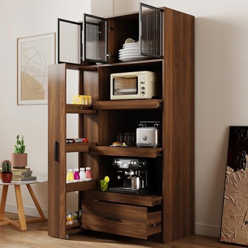 Jmyab 70.87" Tall Kitchen Pantry Cabinet, Storage Cabinet with Multi Shelves and Drawers, Tall Kitchen Pantry with Microwave Stand for Living Dining Room, Walnut