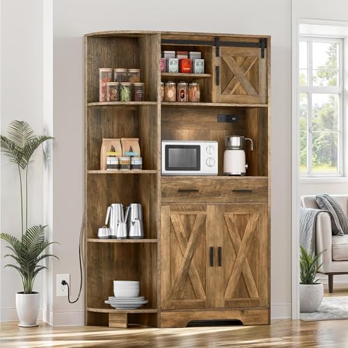 DWVO 67.3" Farmhouse Pantry with Power Outlet & Barn Door, Rustic Brown