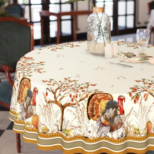 Fall Thanksgiving Double Border Decoration Tablecloth, Autumn Pumpkin Harvest Tablecloths, Waterproof Table Cover for Dinner Kitchen Party Holiday Decorations Round 60"