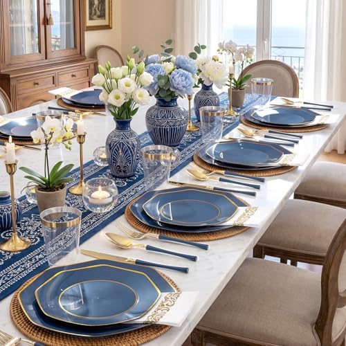 KIRE 140Pcs Blue Plastic Plates with Gold Rim - Navy Blue Plates for Party